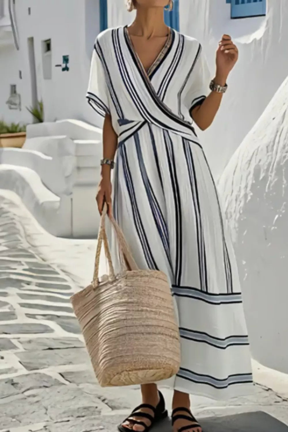 Striped Wrap Half Sleeve Maxi Dress Secondary image