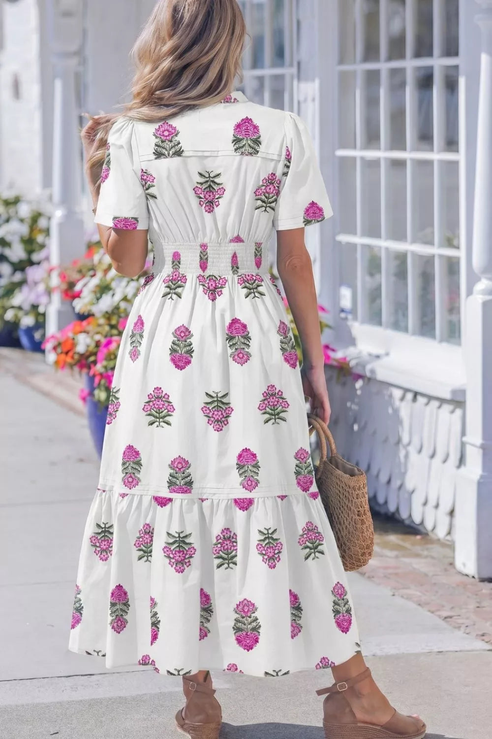 Floral Print Split Neck Shirred High Waist Ruffle Hem Midi Dress Secondary image