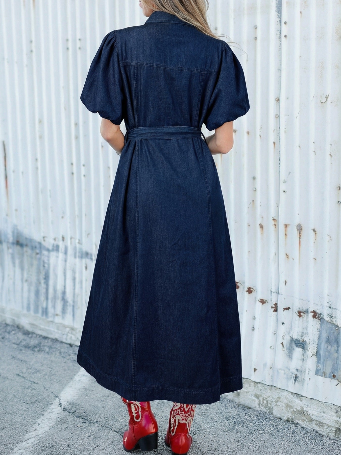 Belted Button-Down Midi Denim Dress Secondary image