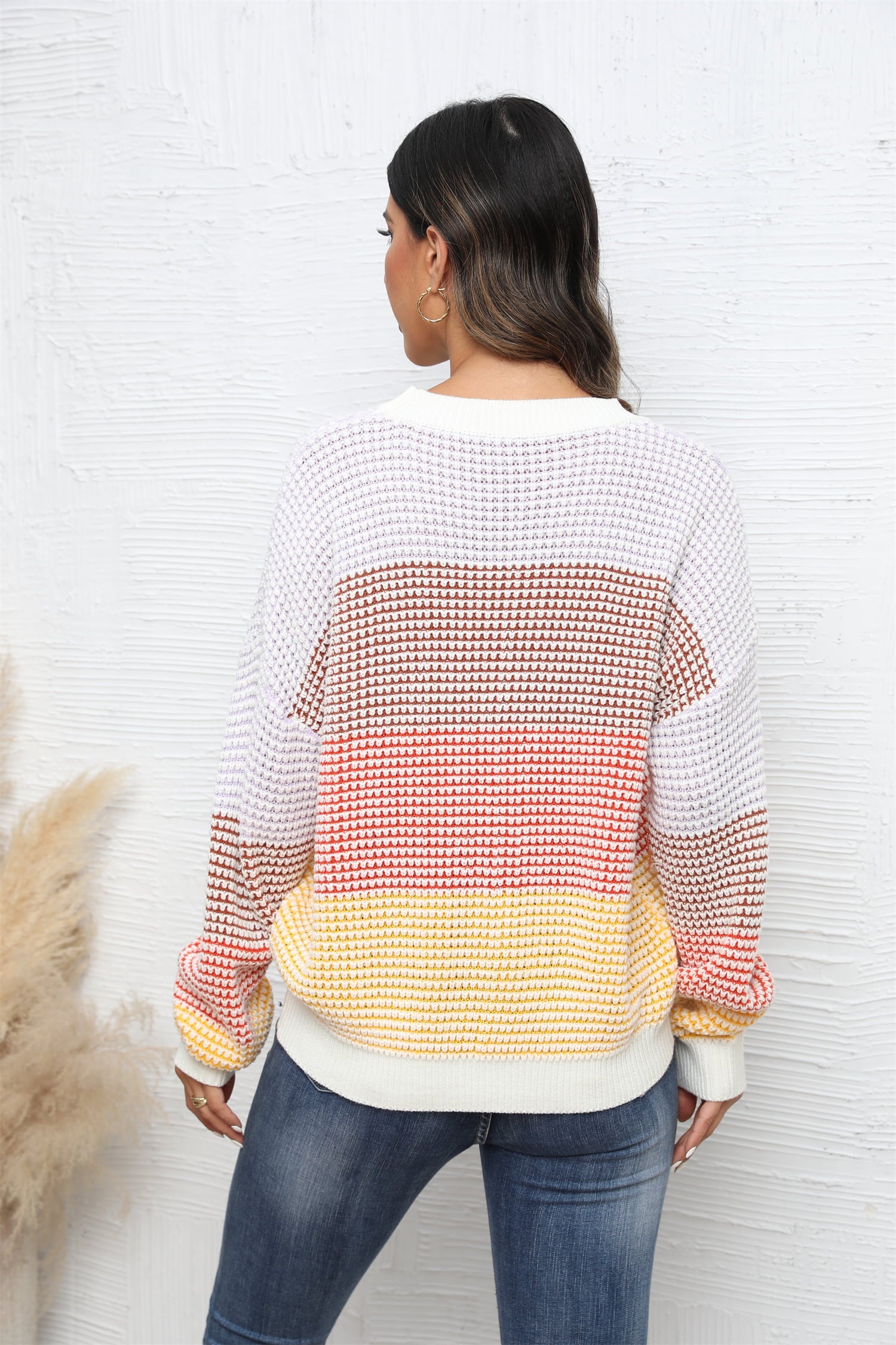 Angel Wings Waffle-Knit Round Neck Dropped Shoulder Color Block Sweater Secondary image