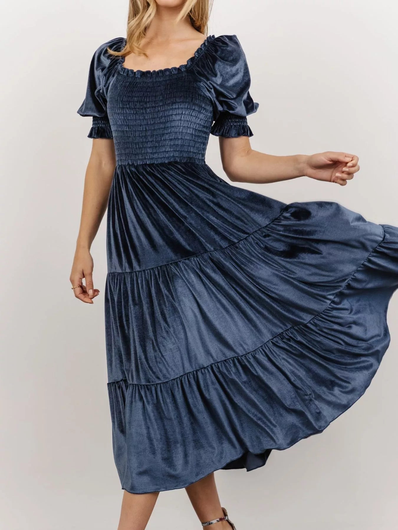 Velvet Smocked Tiered Midi Dress Secondary image