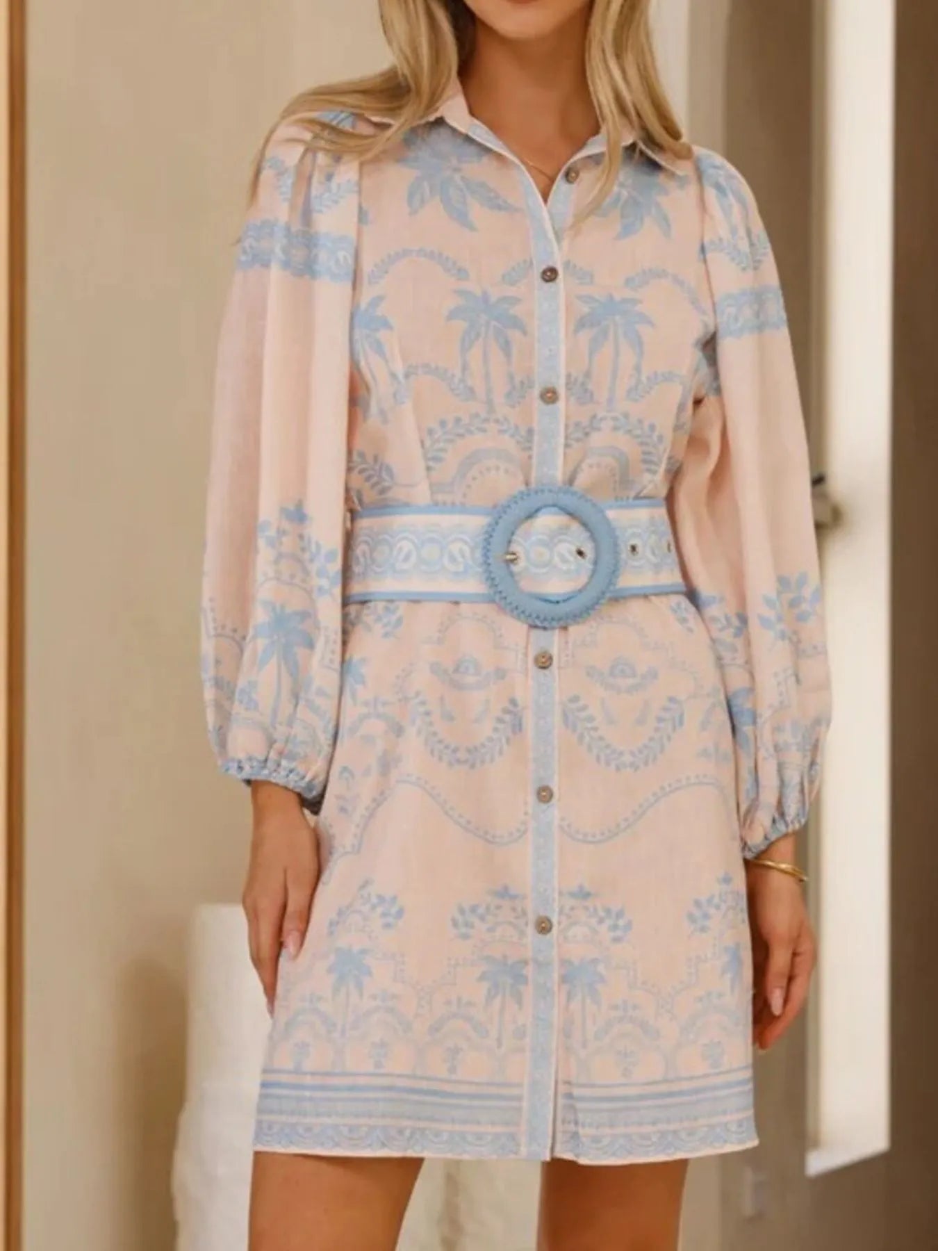 Printed Button Down Shirt Dress with Belt Secondary image