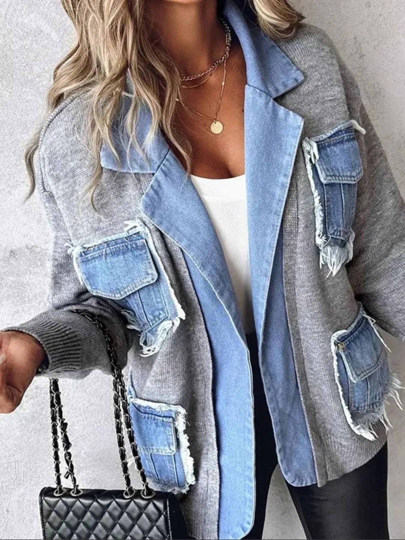 Raw Hem Denim Pocket Patchwork Cardigan Secondary image