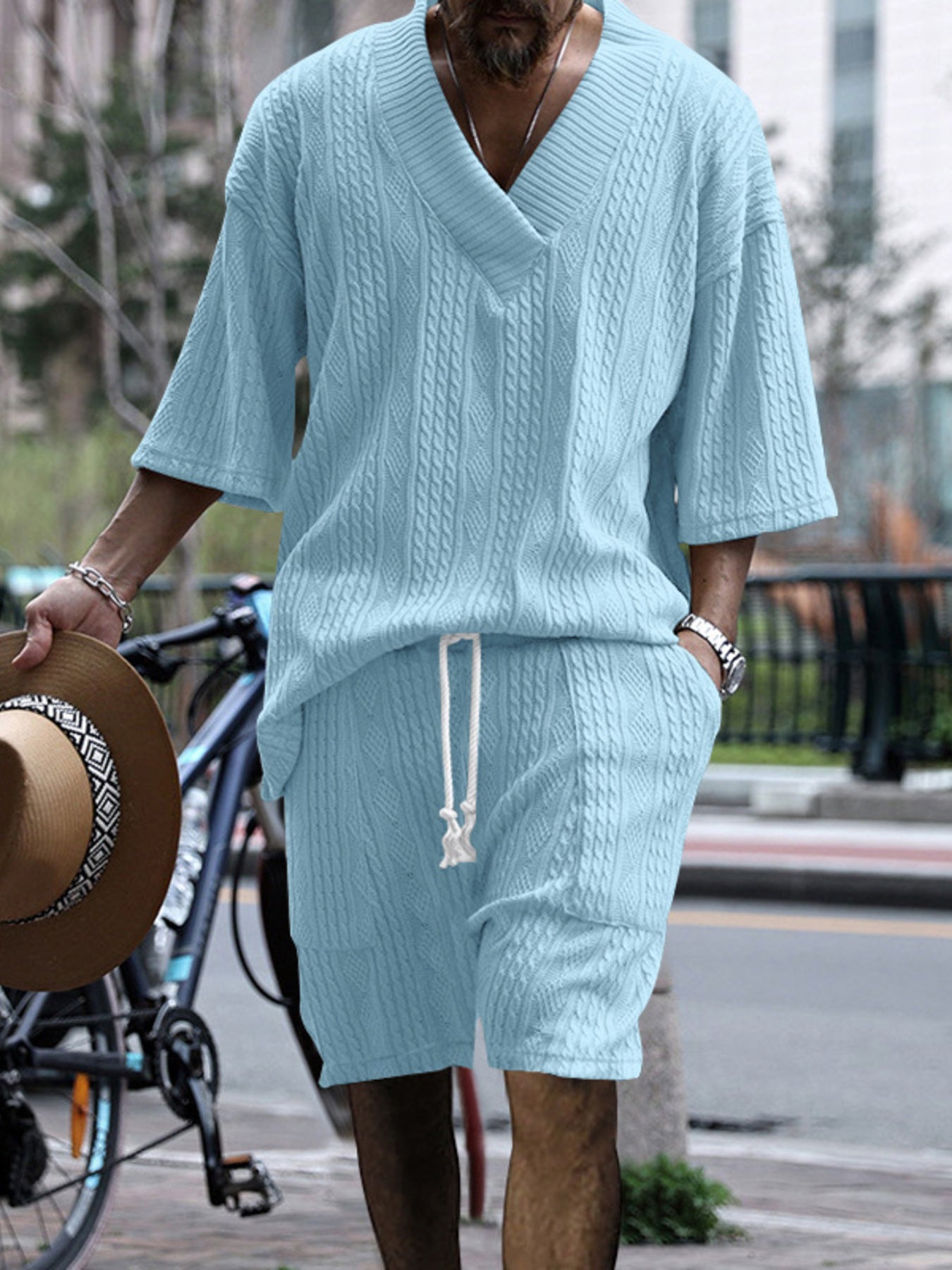 Men's Full Size Casual Knit V-Neck Short Sleeve Top and Shorts Set Plus Size Secondary image