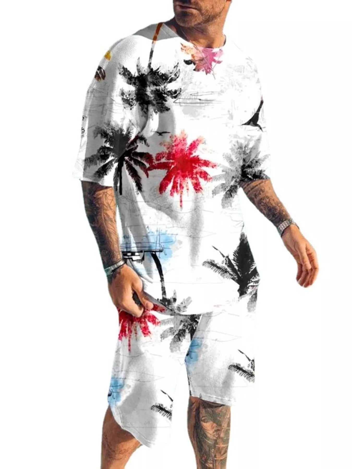 Men's Full Size Palm Tree Print Top and Shorts Set Plus Size Secondary image