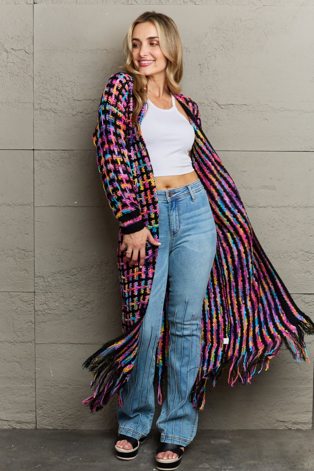 Angel Wings Full Size Multicolored Open Front Fringe Hem Cardigan Secondary image