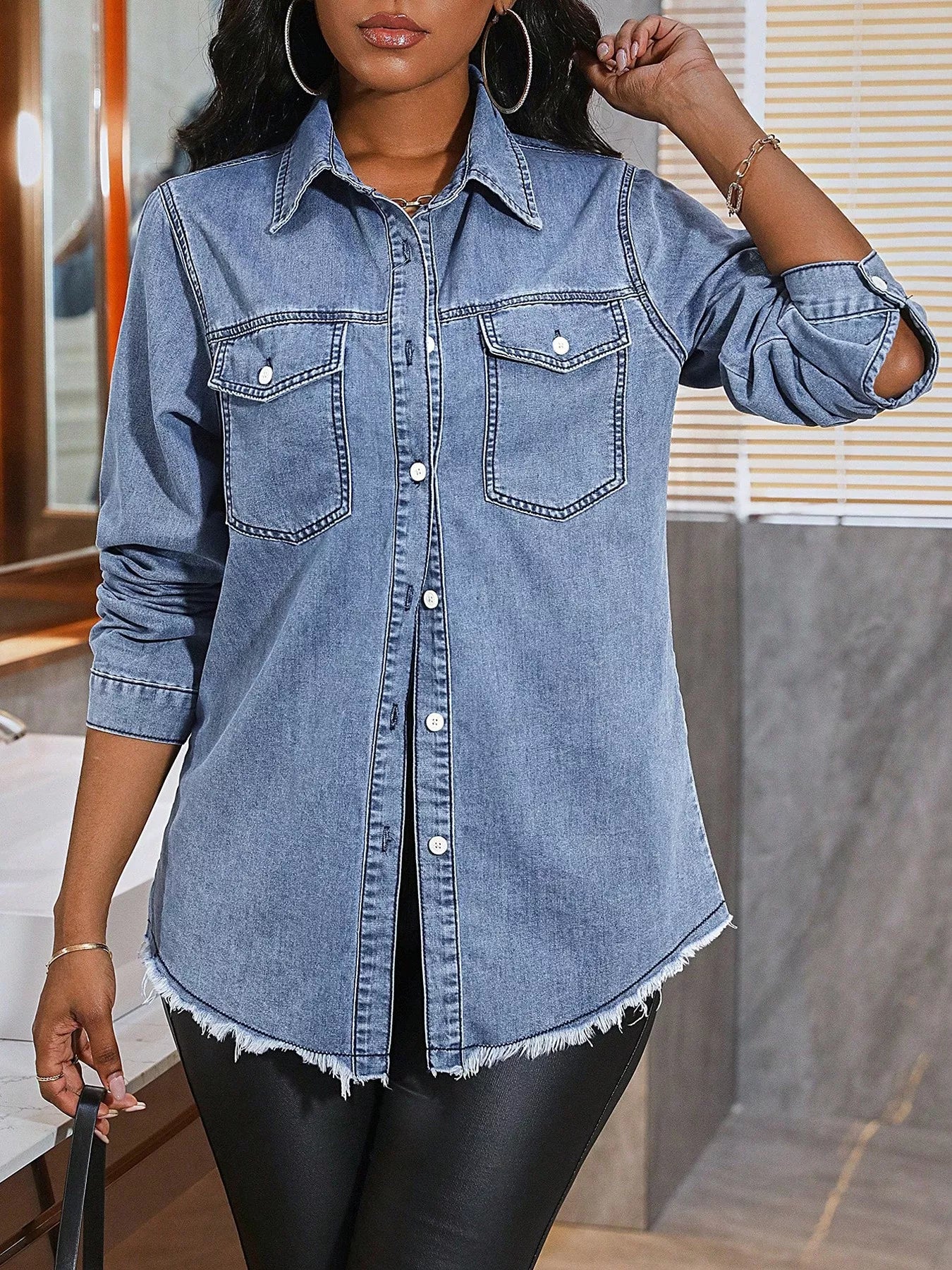 Raw Hem Button Up Denim Shirt Secondary image