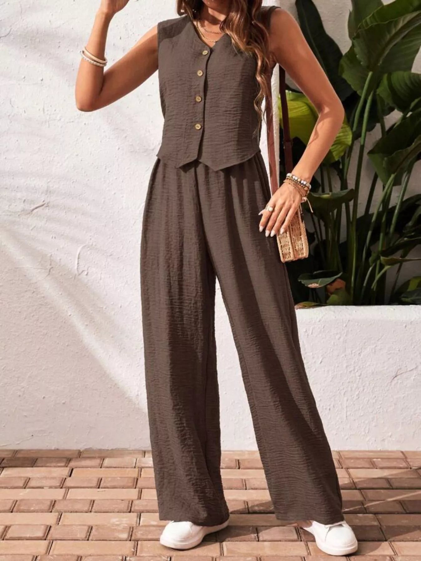 Button-Down Vest & Wide Leg Pants Set Secondary image