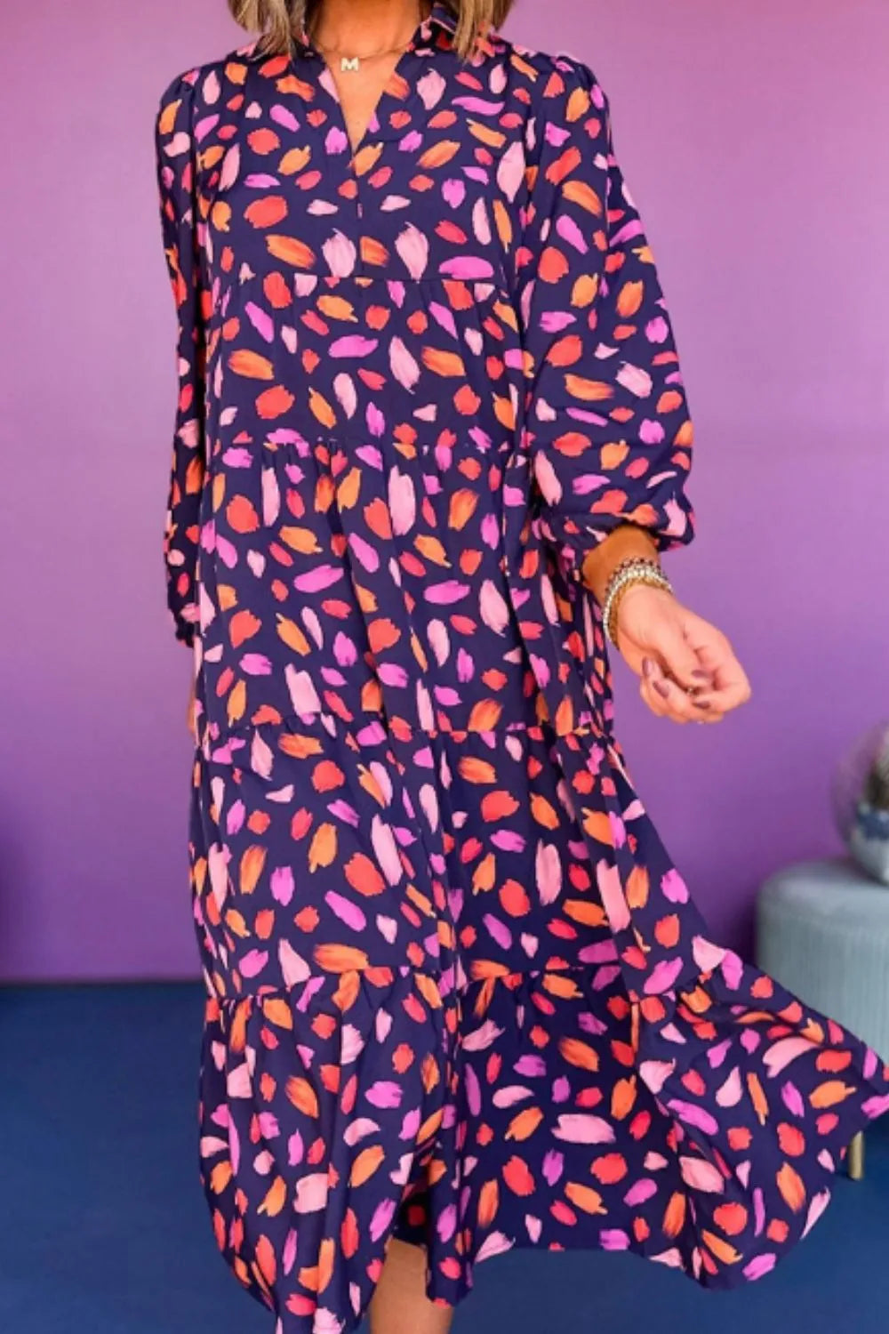 Printed Notched Long Sleeve Dress Secondary image