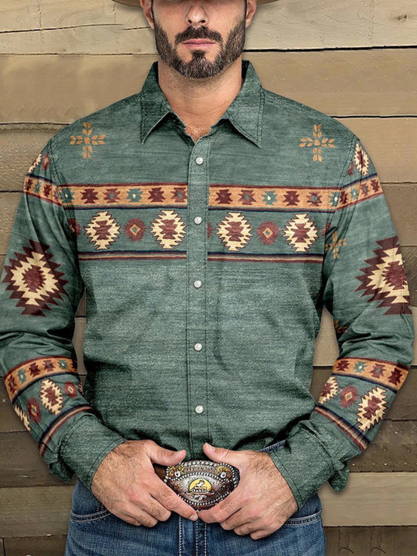 Men's Full Size Geometric Print Long Sleeve Shirt Plus Size Secondary image
