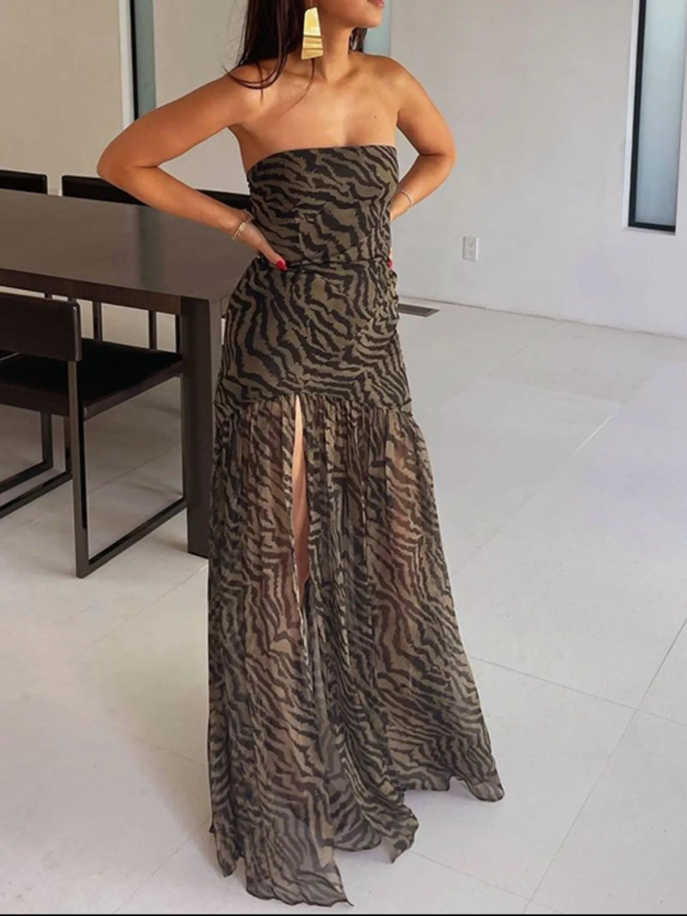 Zebra Print Maxi Dress with Side Slit Secondary image