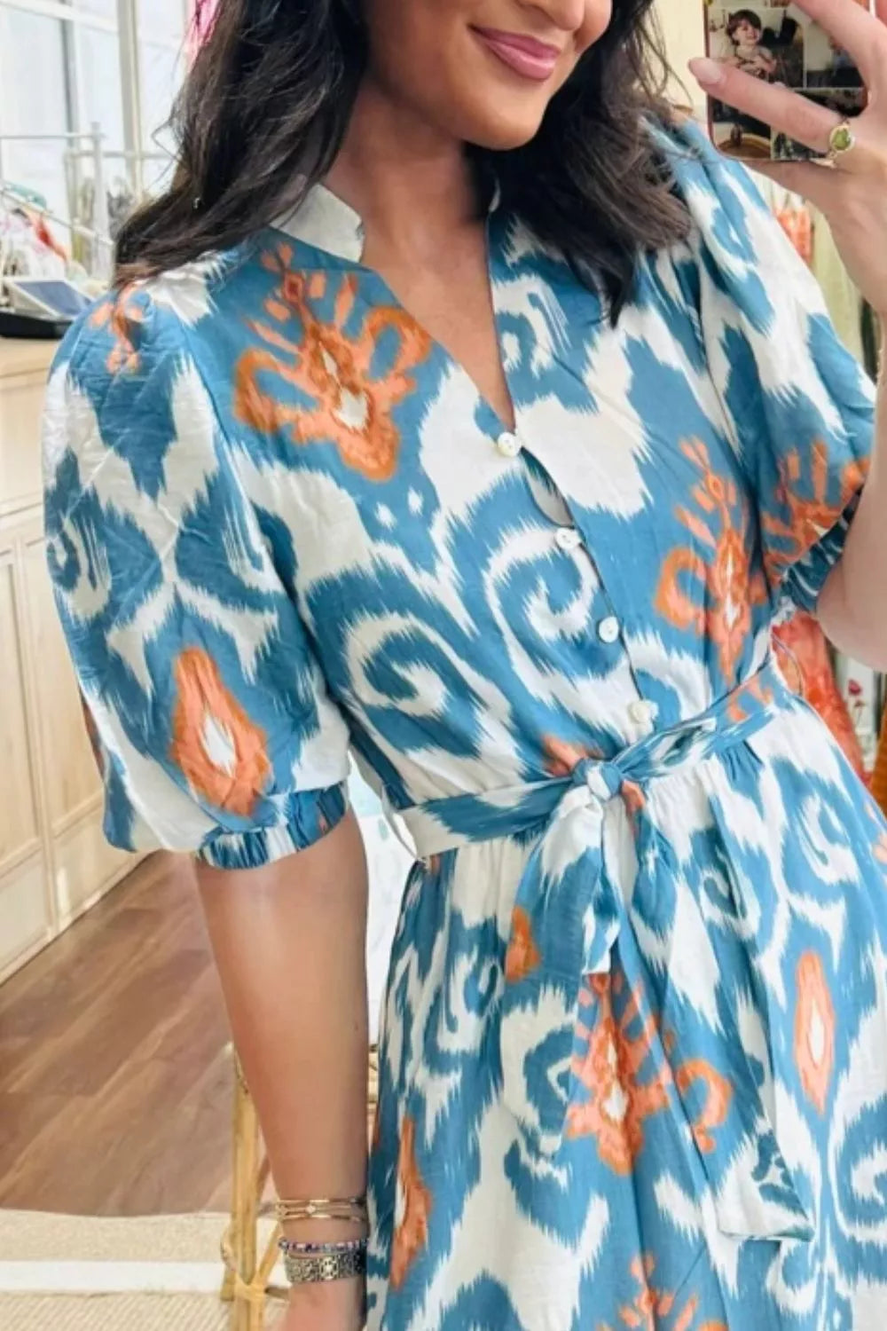 Floral Print Short Puff Sleeve Button Down Ruffle Hem Midi Dress Secondary image