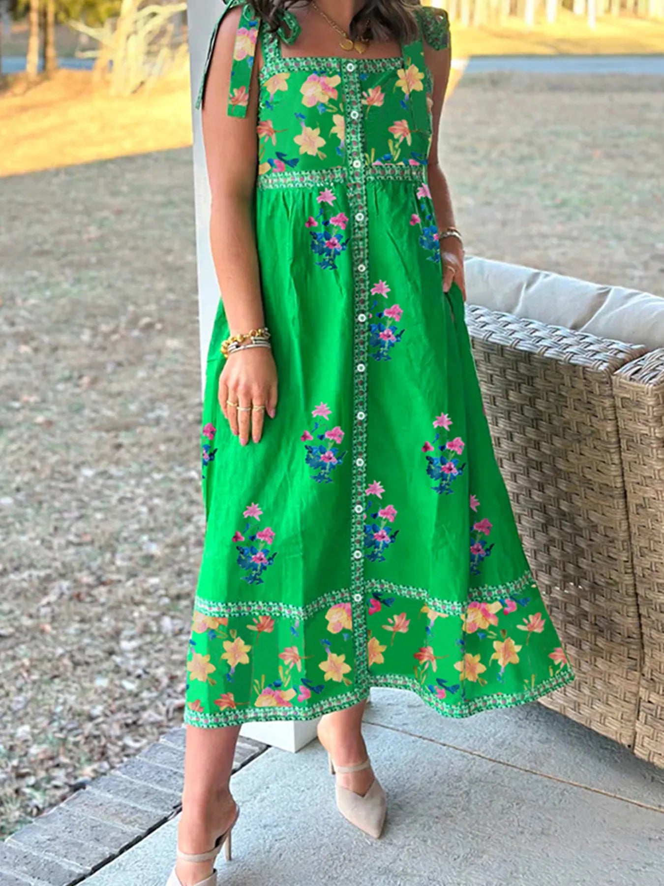 Printed Tie Shoulder Midi Dress Secondary image
