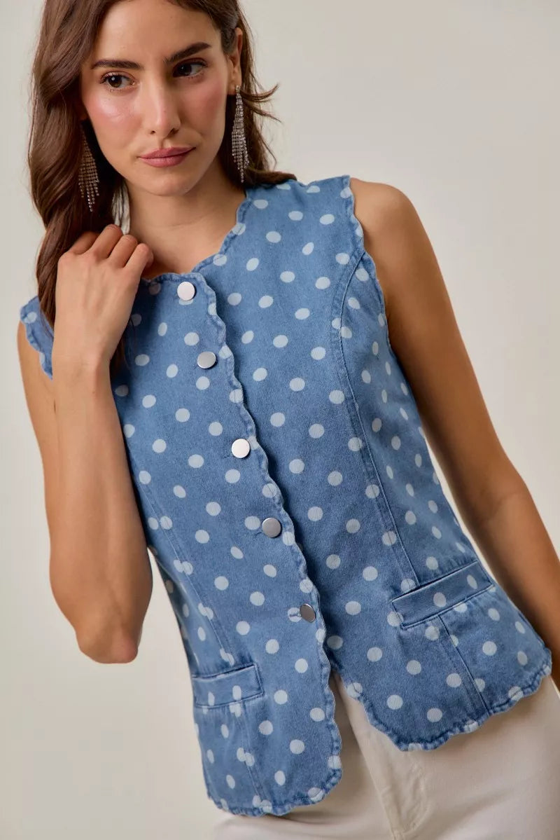 SO ME Polka Dot Denim Scallop Edge Button Down Vest Top Secondary image