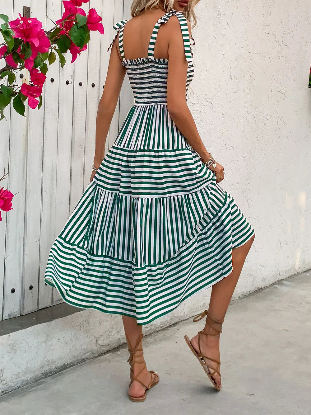 Perfee Smocked Striped Square Neck Midi Dress Secondary image