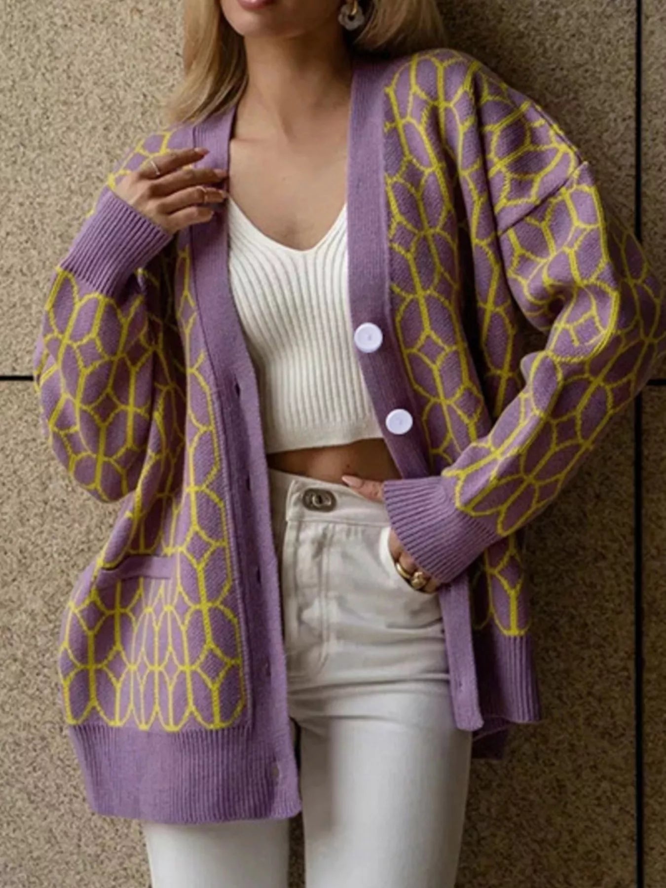 Geometric Patterned Button-Down Cardigan Secondary image