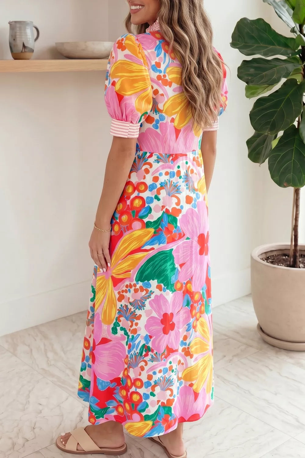 Floral Print Striped Trim Button Down Short Sleeve Maxi Dress Secondary image