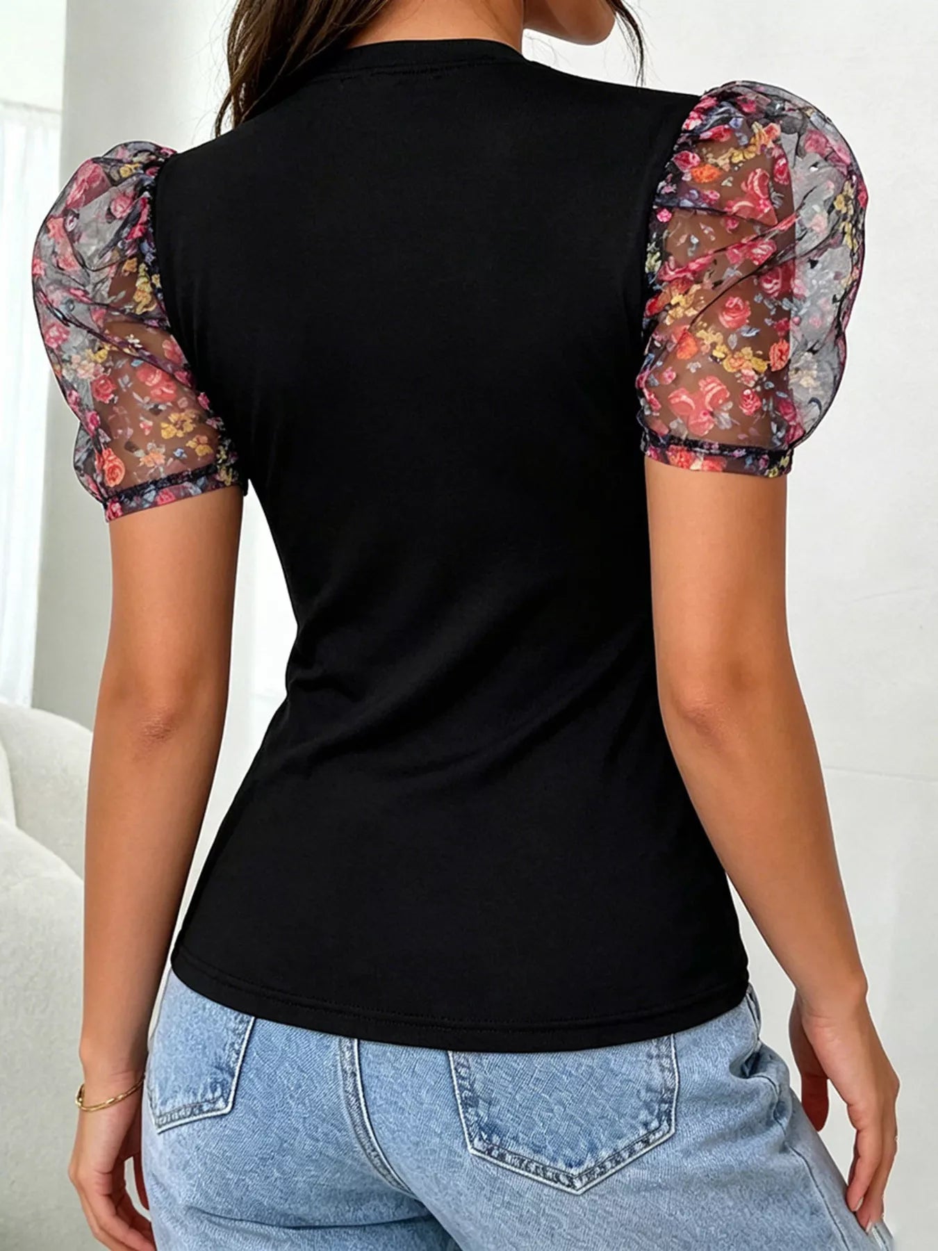 Floral Puff Sleeves Mock Neck Blouse Secondary image