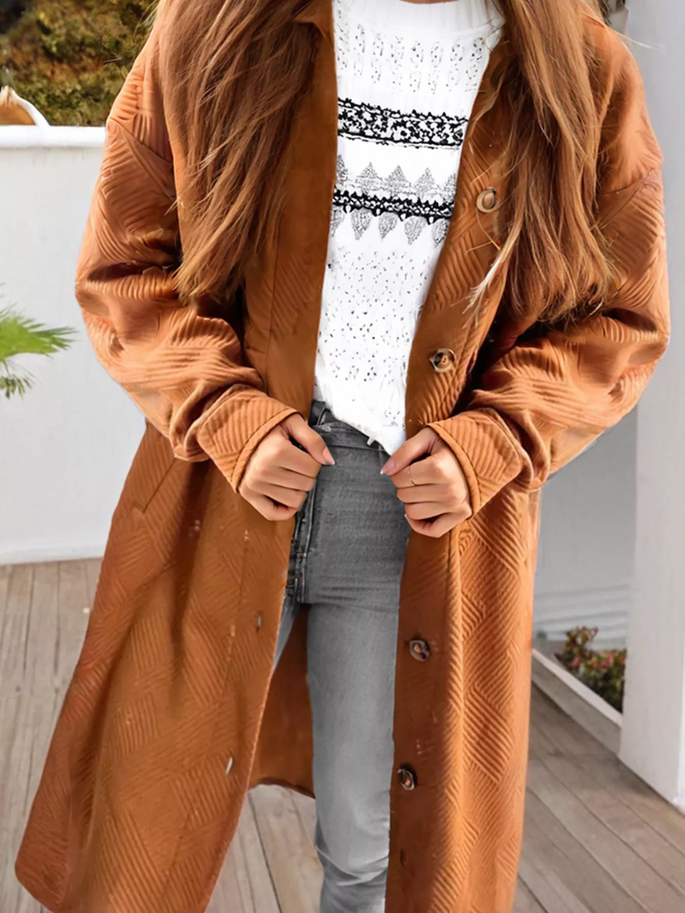 Textured Collared Drop Shoulder Buttoned Front Coat Secondary image