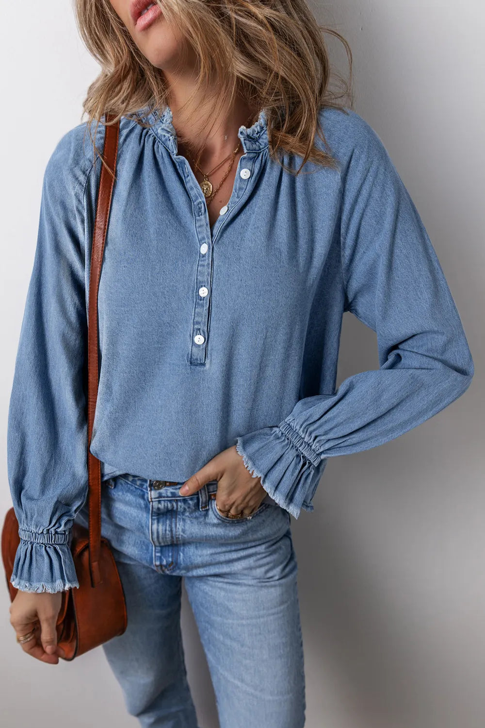 Half Button Long Sleeve Denim Top Secondary image