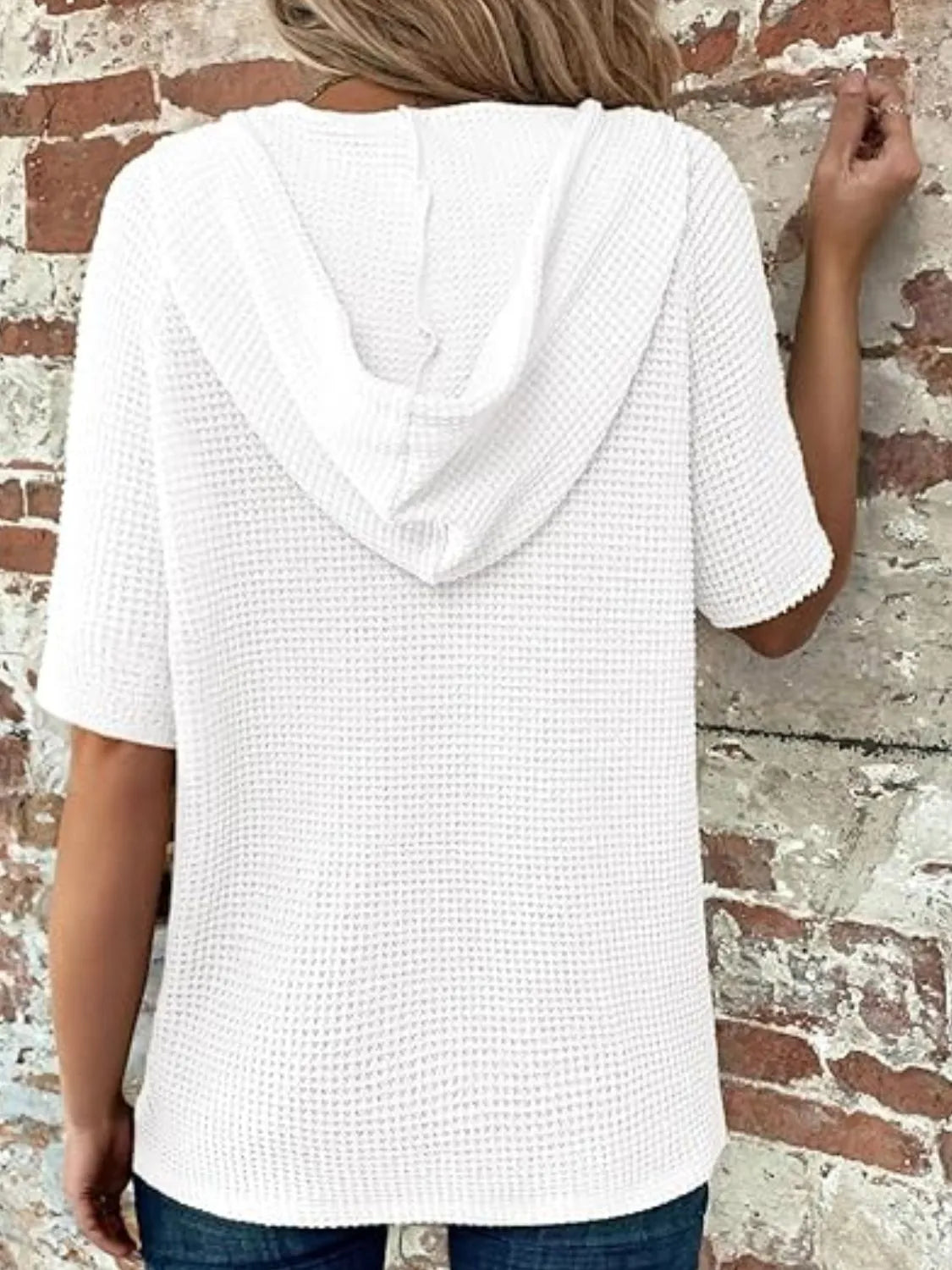 Drawstring Waffle-Knit Short Sleeve Hooded Top Secondary image