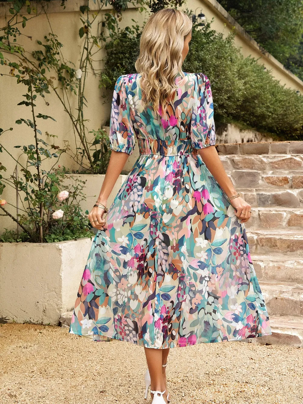 Devine Smocked Printed V-Neck Half Sleeve Midi Dress Secondary image