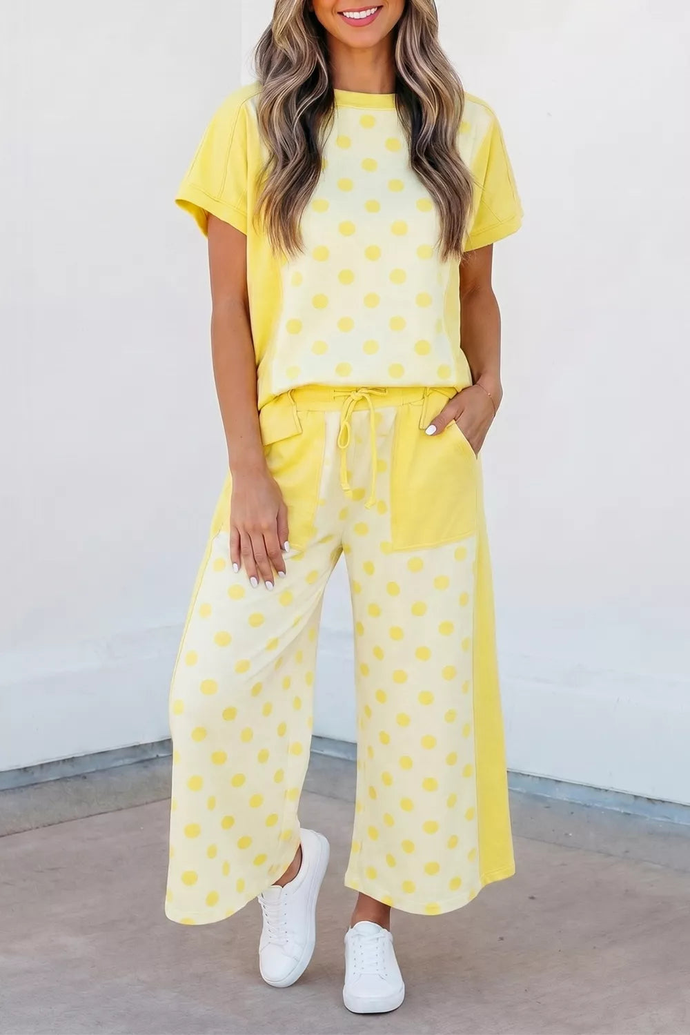 Color Block Patchwork Polka Dot Top and Wide Leg Pant Set Secondary image