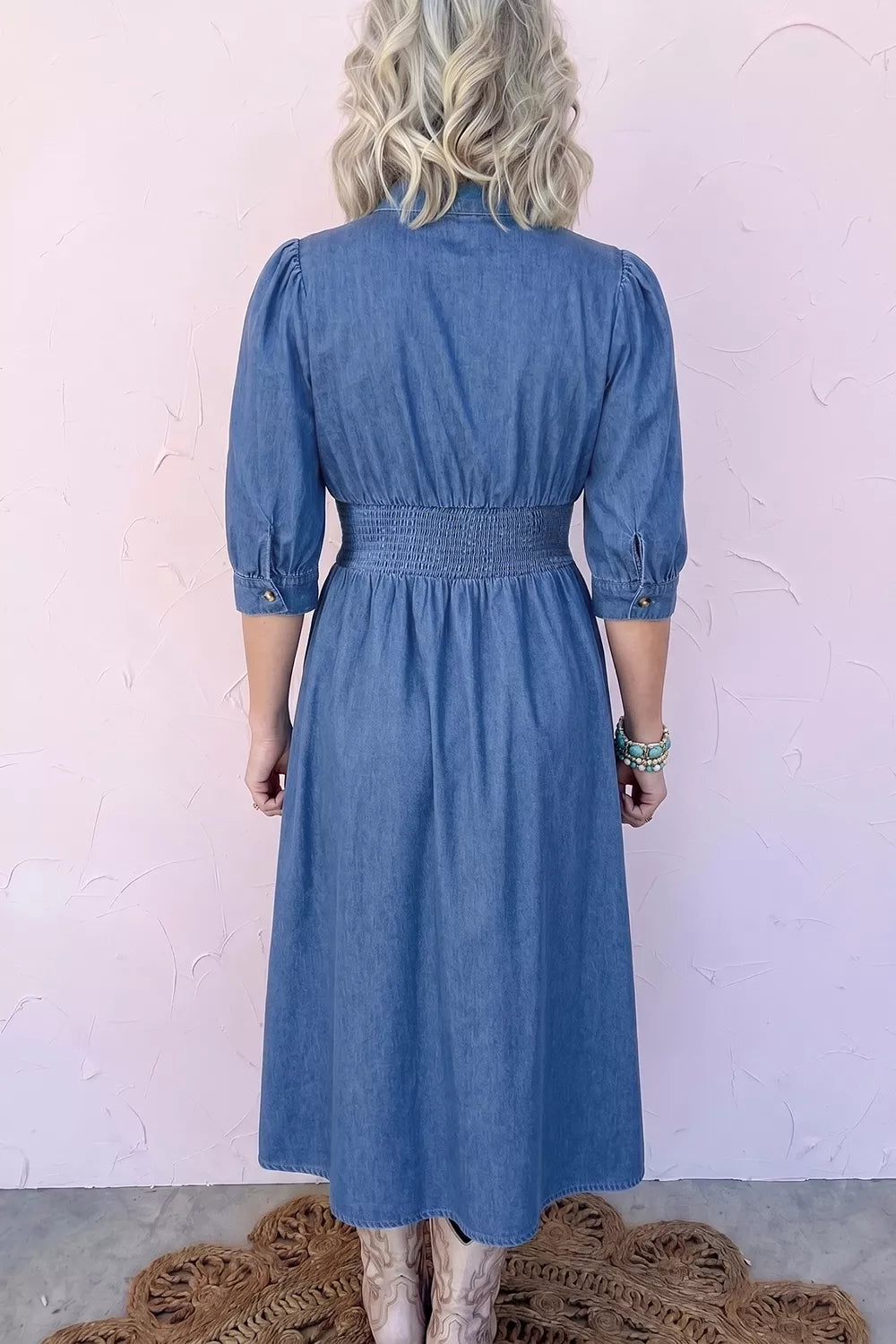 V Neck Shirred Waist Metal Zipper Denim Midi Dress Secondary image