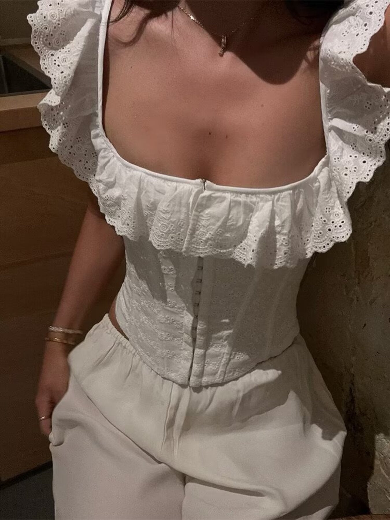 Lace Up Back Eyelet Ruffle Trim Tank Secondary image