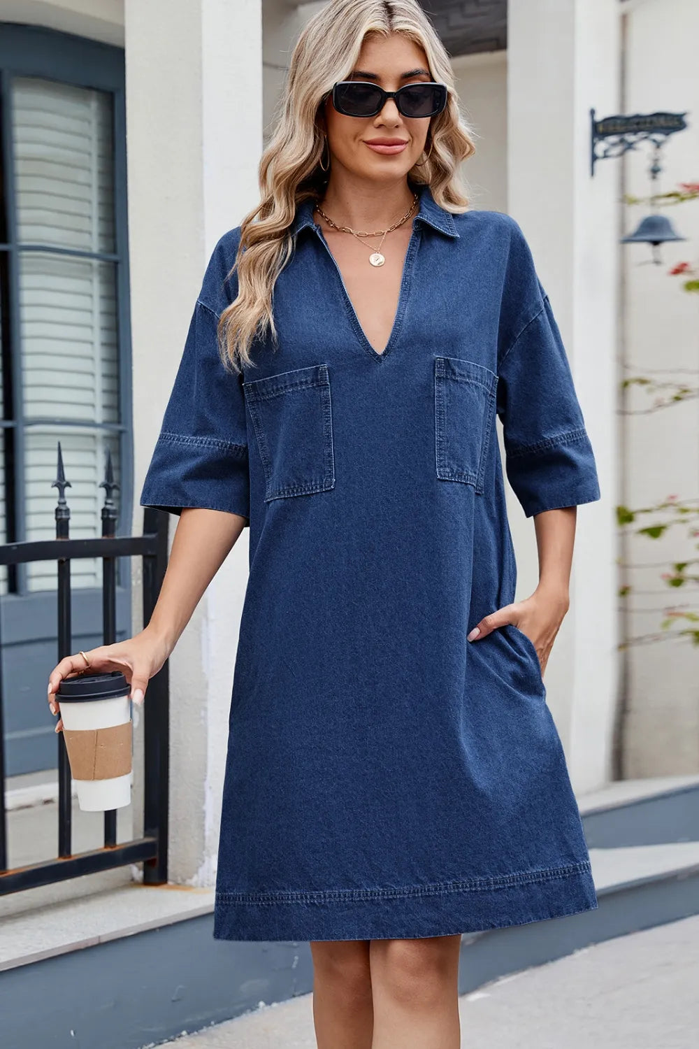 Johnny Collar Half Sleeve Denim Dress Secondary image