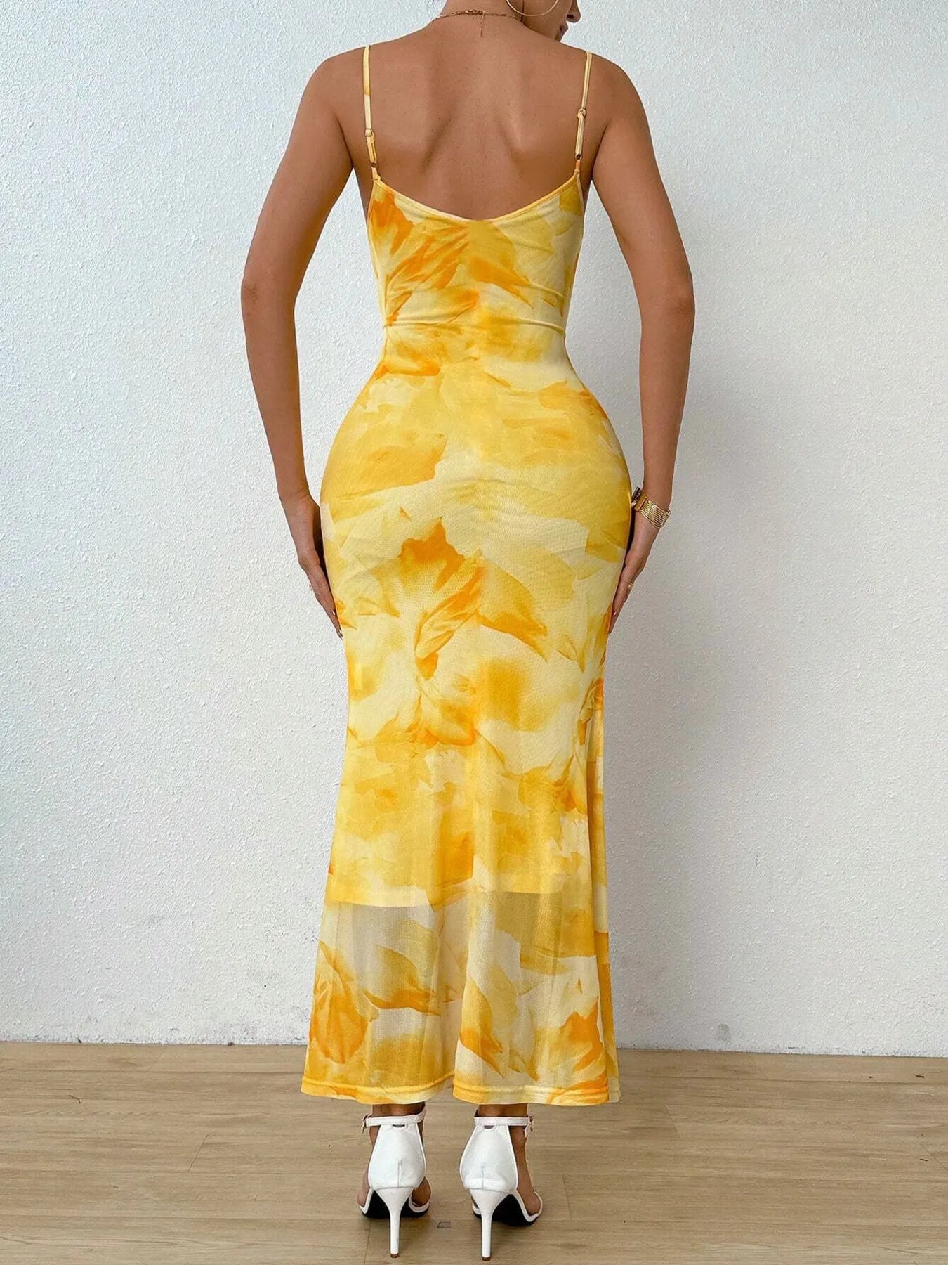 Tie-Dye Ruched Bodycon Mesh Cami Maxi Dress Secondary image