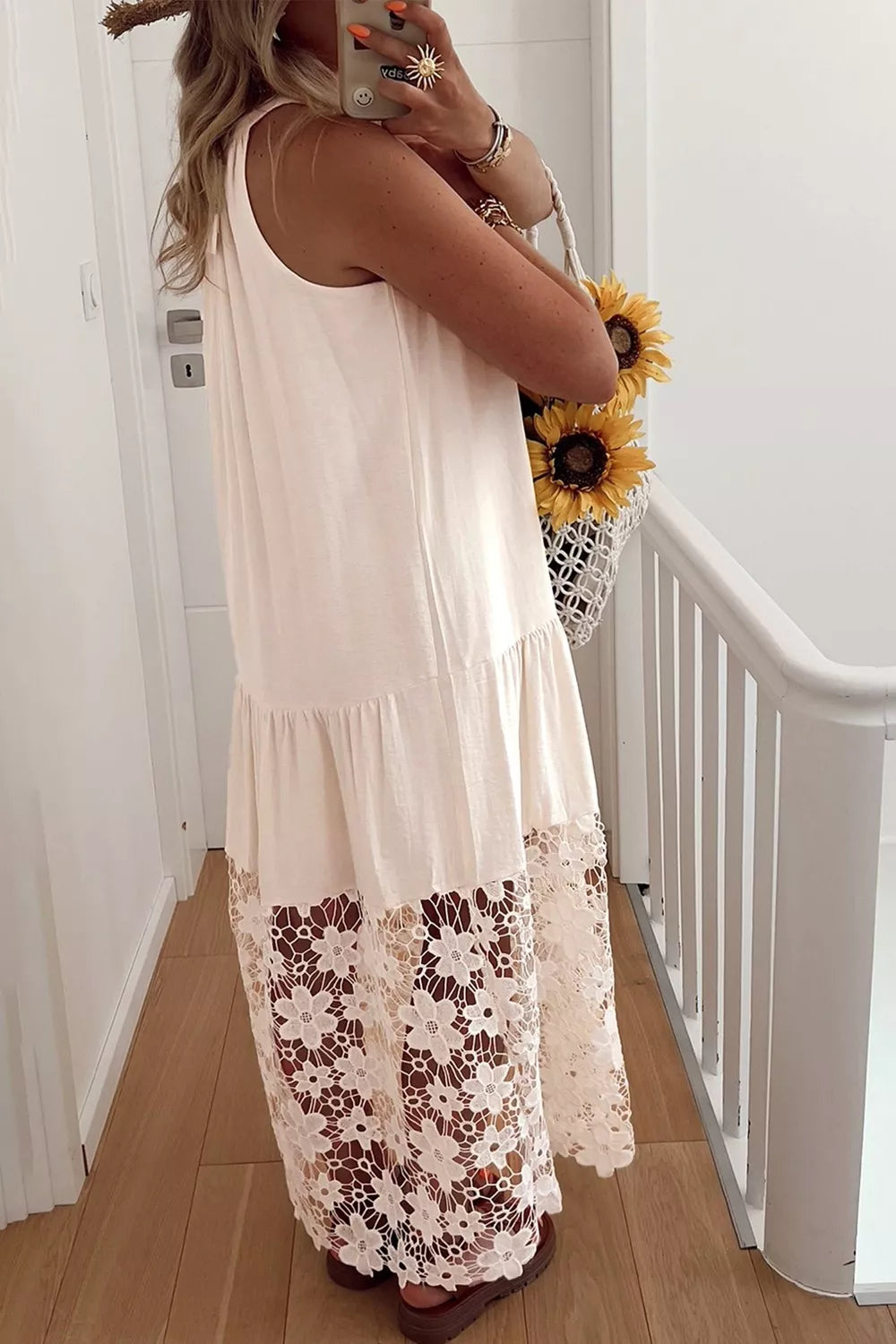 Hollowed Floral Lace Hem Patchwork Loose Halter Summer Dress Secondary image