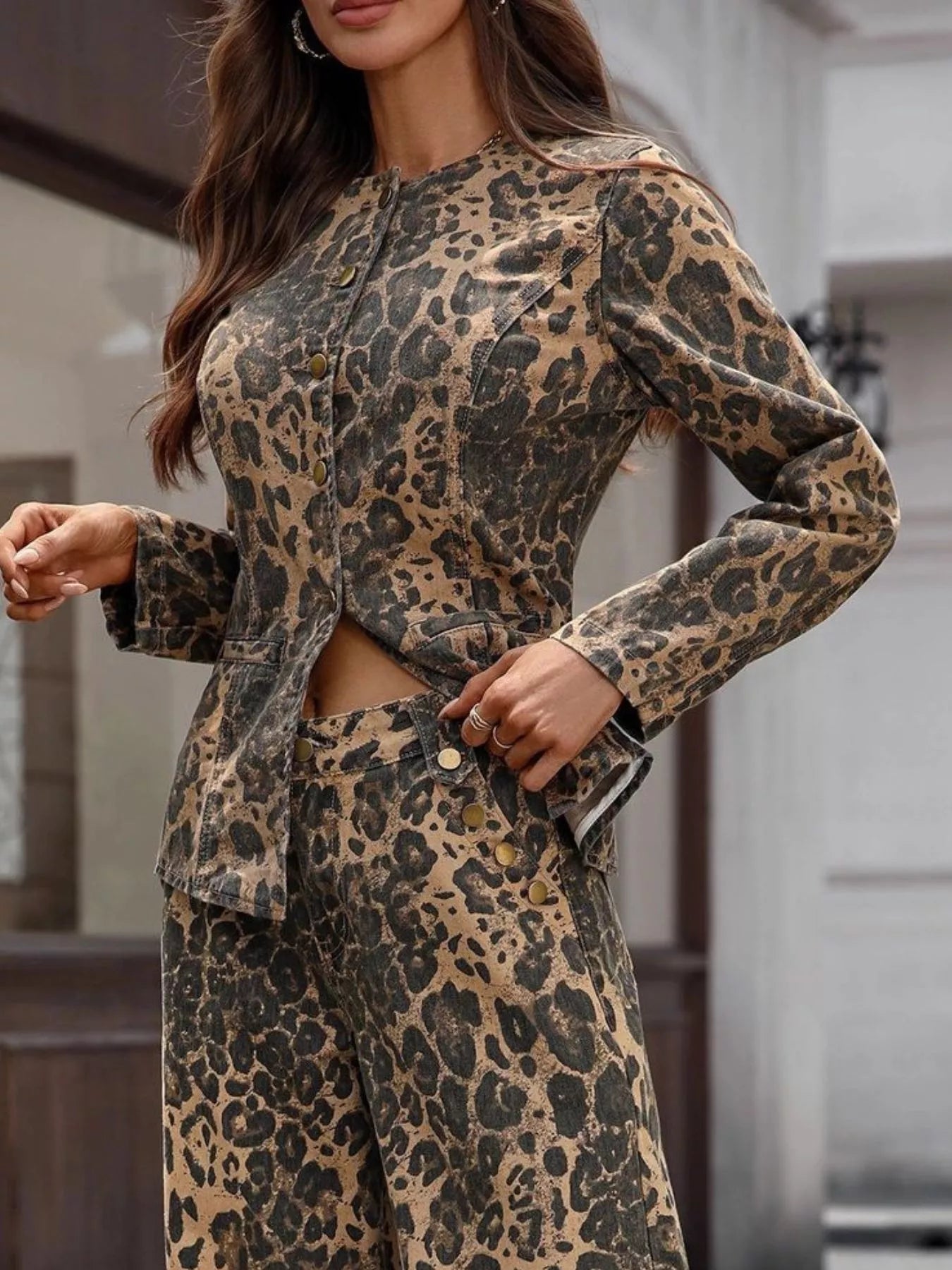 Leopard Button Up Long Sleeve Denim Shirt Secondary image