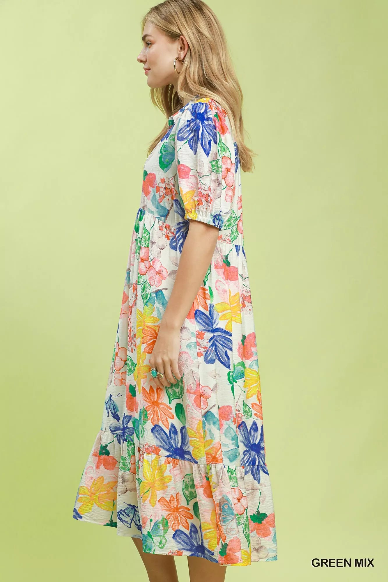 Umgee Watercolor Floral Tiered Midi Dress Secondary image