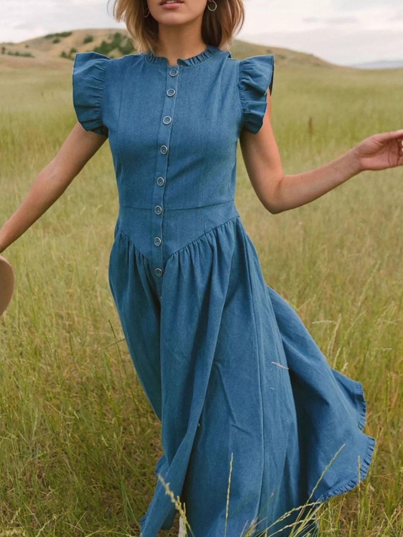 Ruffled Cap Sleeve Denim Dress Secondary image