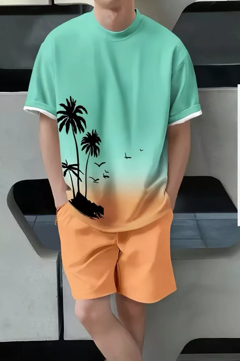 Men's Full Size Tropical Print Casual Tee and Shorts Set Plus Size Secondary image