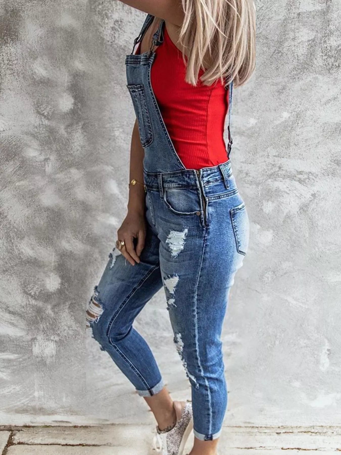 Wide Strap Distressed Denim Overalls Secondary image