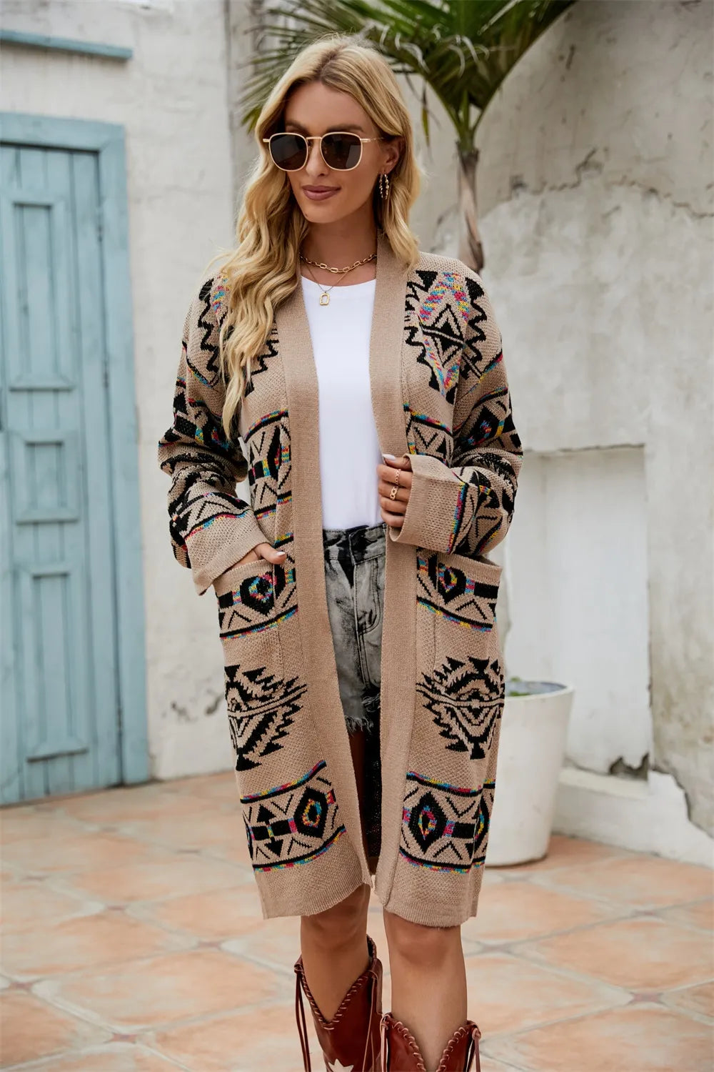 Angel Wings Pocketed Geometric Open Front Dropped Shoulder Cardigan Secondary image