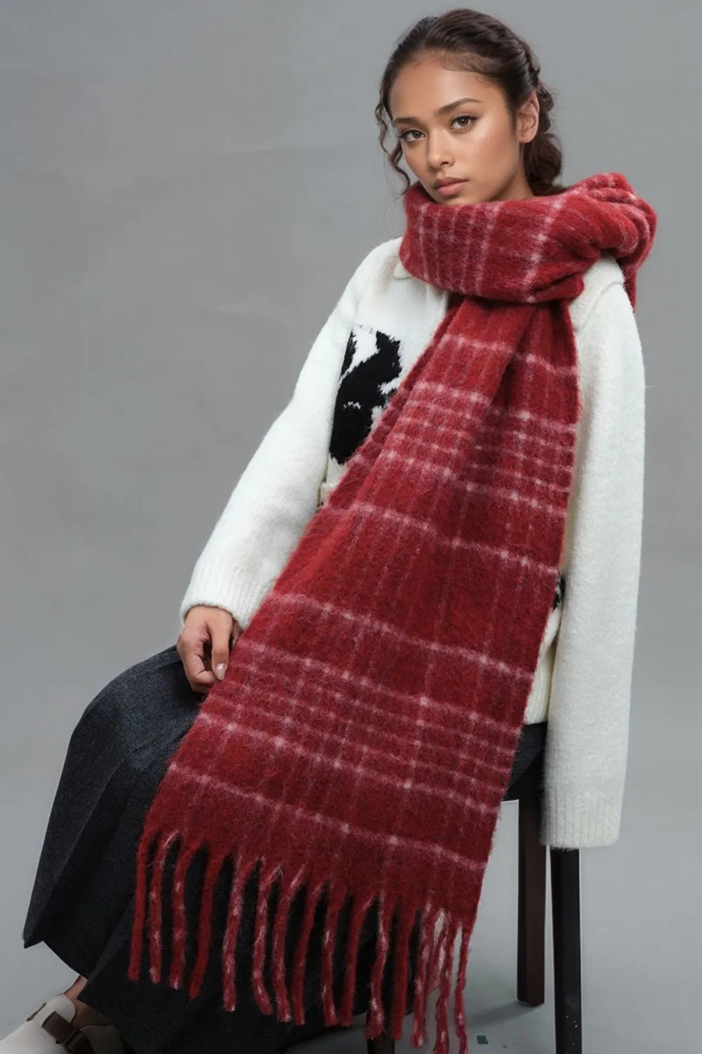 Fringe Plaid Thermal Scarf Secondary image