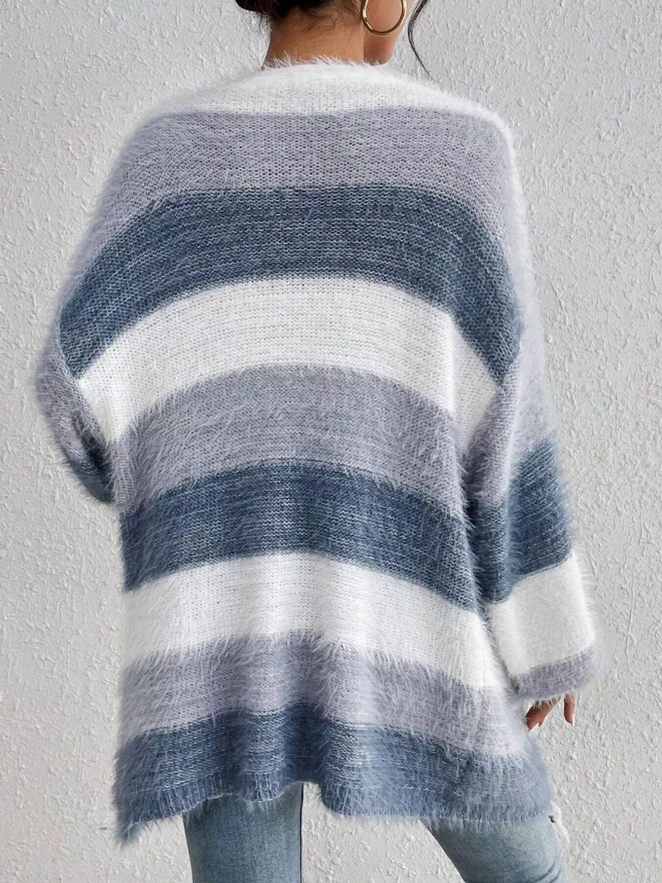 Striped Fuzzy Knit Open Front Cardigan Secondary image