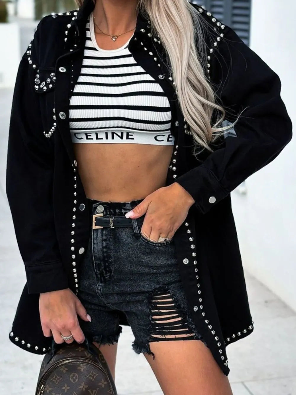 Studded Snap Down Long Sleeve Denim Shacket Secondary image