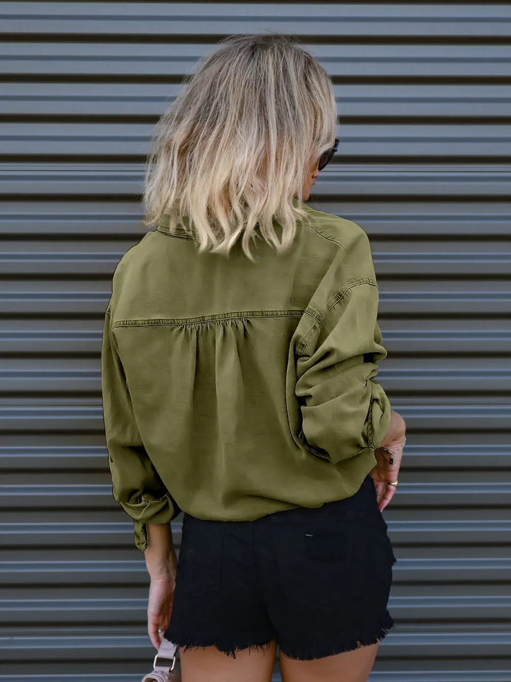 Drawstring Pocketed Button Up Denim Top Secondary image