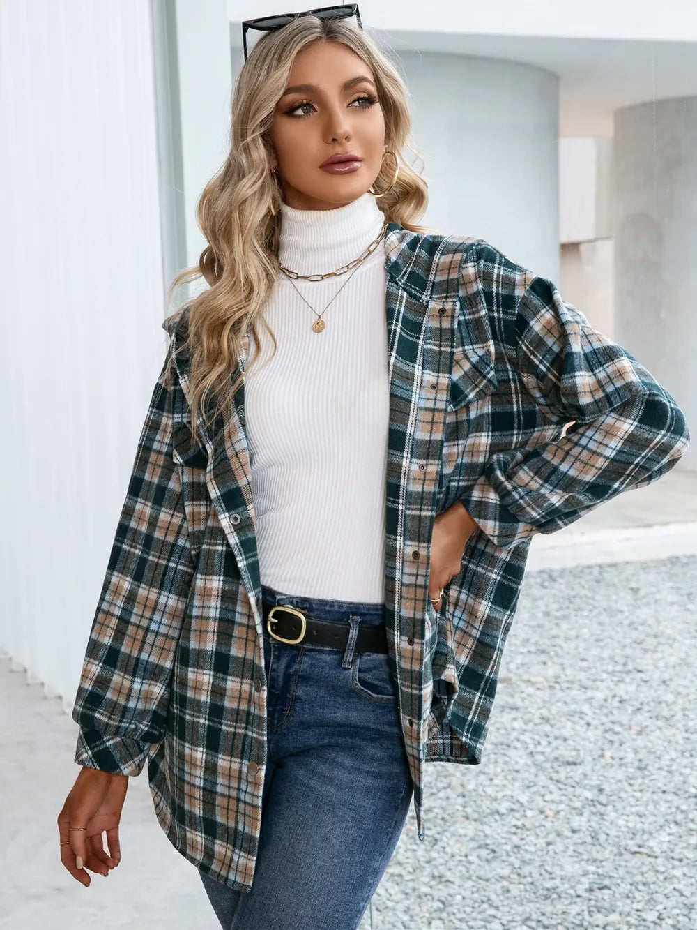 Ivy Lane Plaid Snap Down Hooded Jacket Secondary image