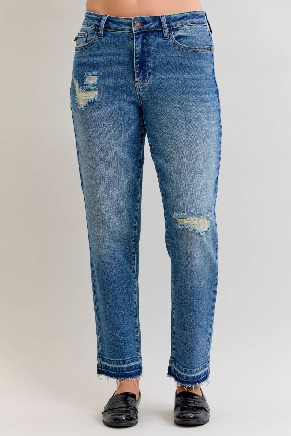 Judy Blue Full Size Mid Rise Bf Patch & Repair Destroy Release Hem Jeans Plus Size Secondary image