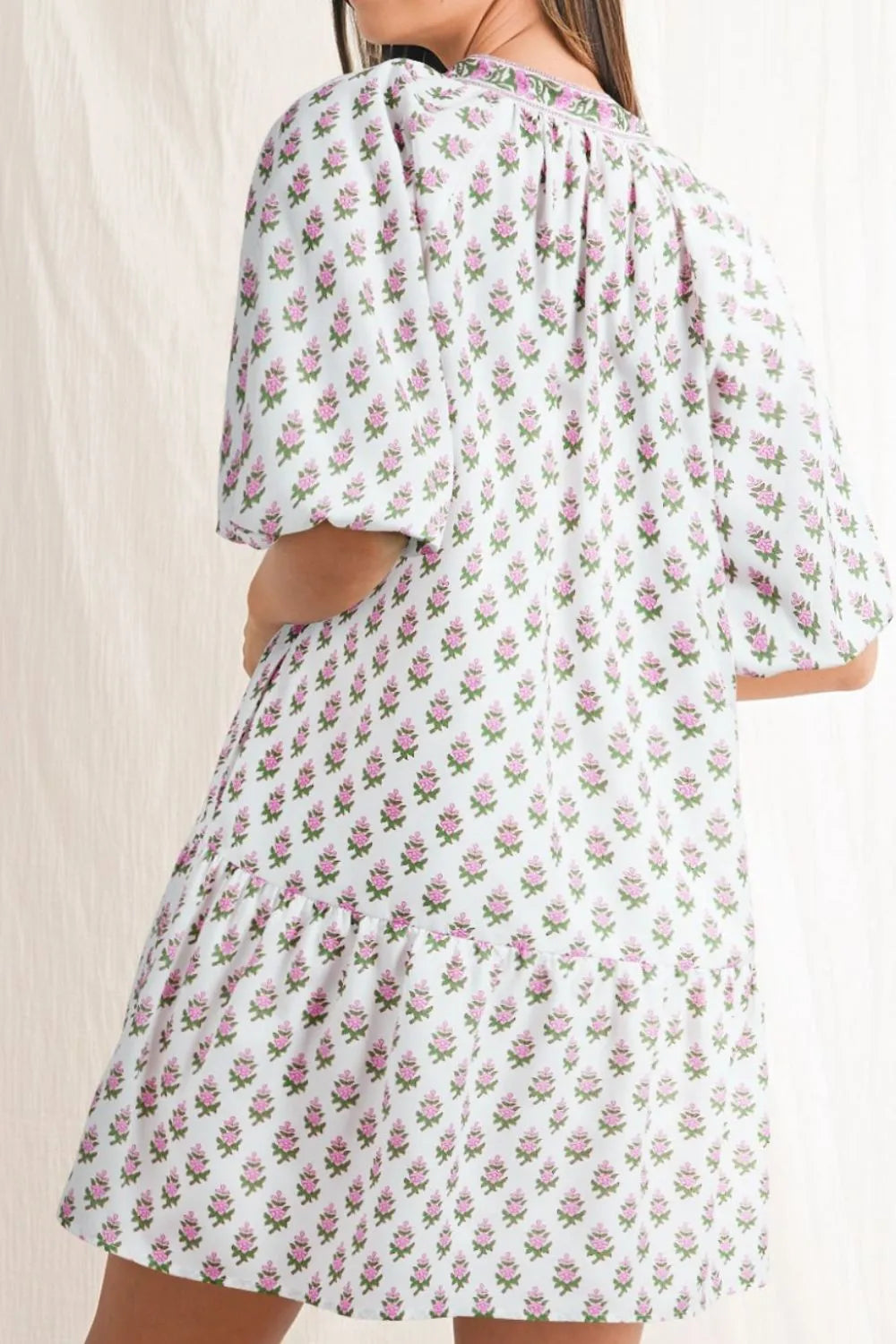 Floral Print Puff Sleeve Tie Neck Ruffled Hem Dress Secondary image