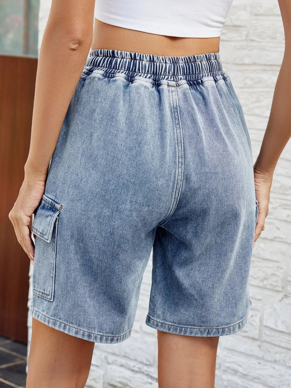 Drawstring Denim Shorts with Pockets Secondary image