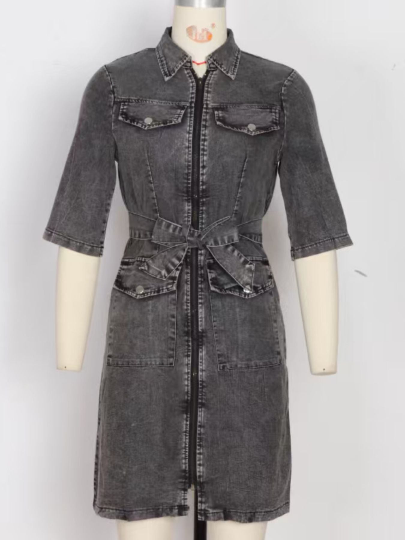 Zipper Front Short Sleeve Denim Dress Secondary image