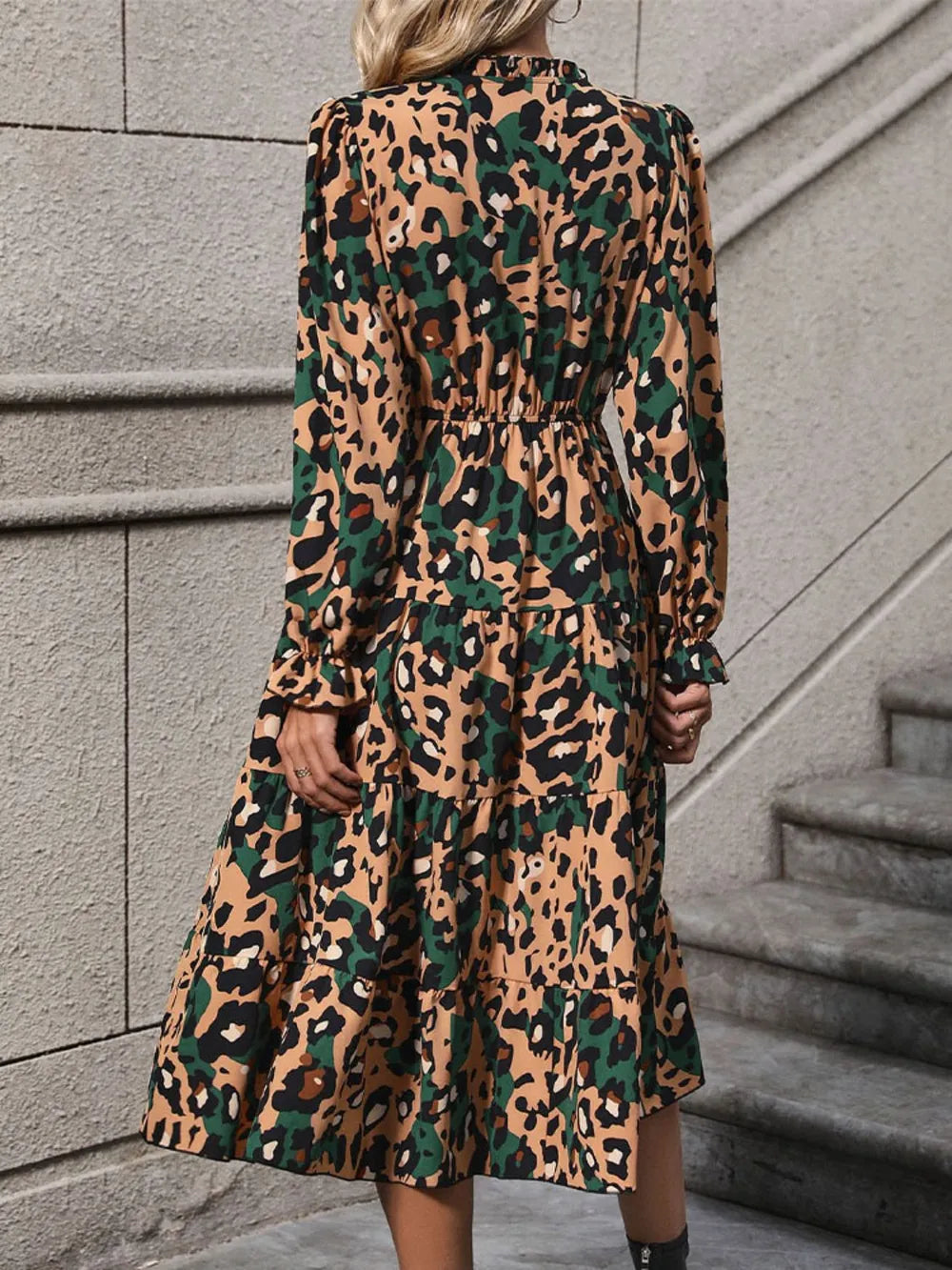 Perfee Leopard Notched Flounce Sleeve Midi Dress Secondary image