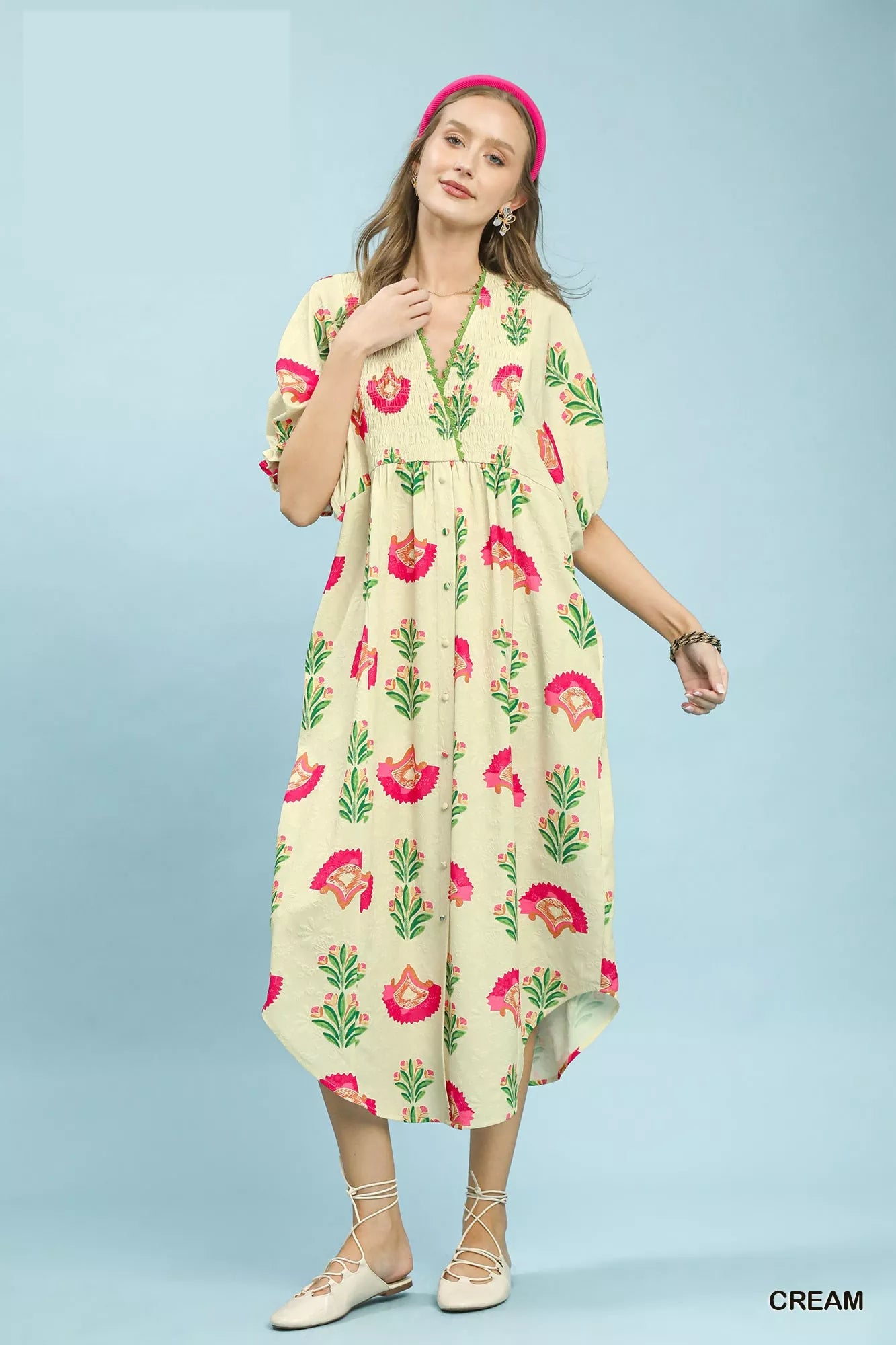 Umgee Abstract Print V-Neck Midi Dress Secondary image