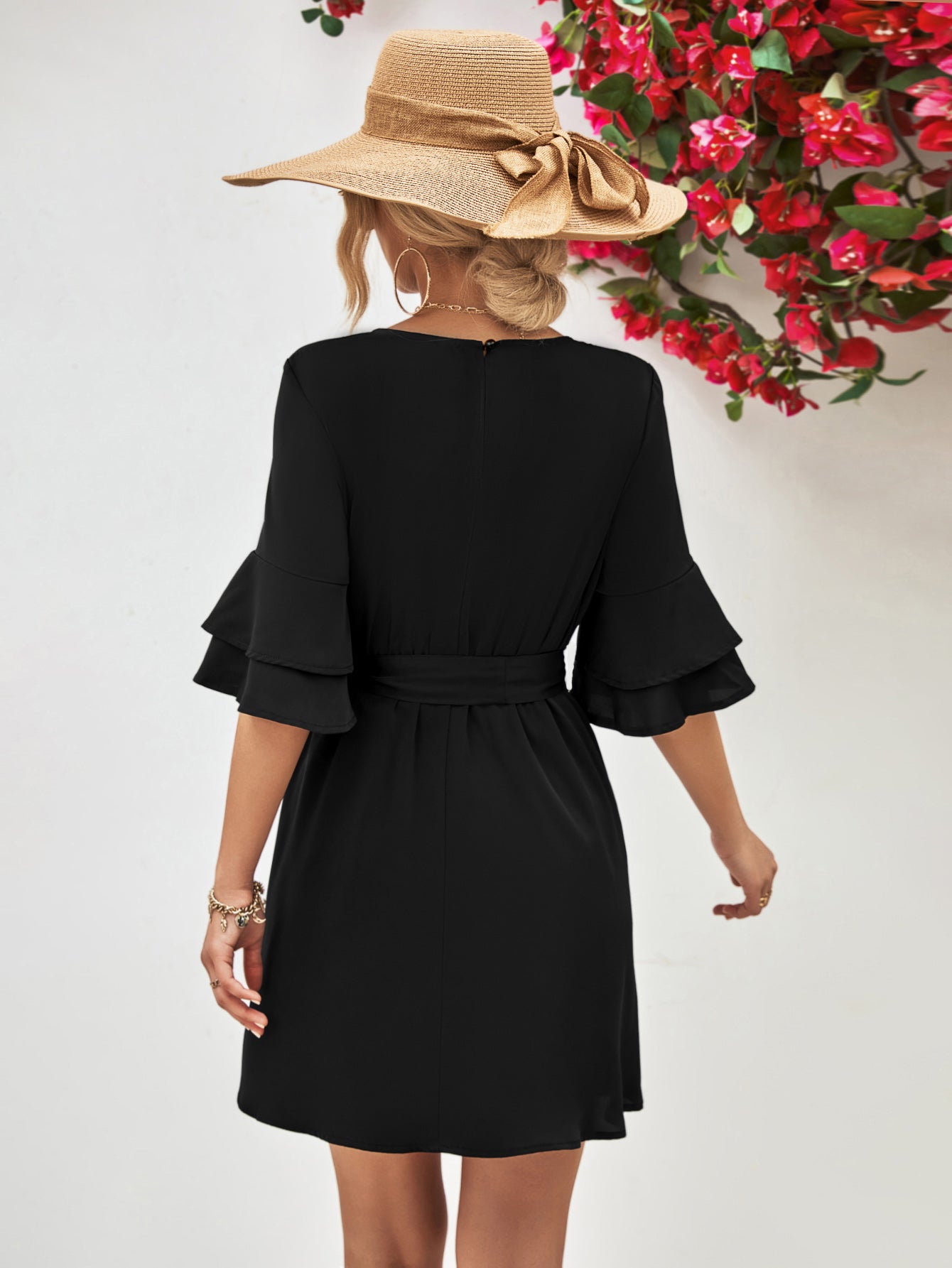 Round Neck Tie Belt Flounce Sleeve Dress Secondary image